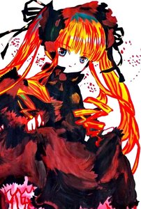 Rating: Safe Score: 0 Tags: 1girl bangs black_dress blonde_hair blue_eyes bonnet dress frills image long_hair long_sleeves looking_at_viewer orange_hair red_dress shinku solo twintails white_background User: admin