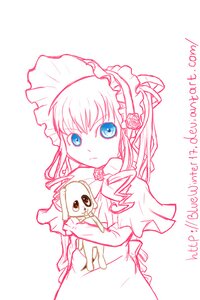 Rating: Safe Score: 0 Tags: 1girl blue_eyes bonnet bow dress flower image long_hair long_sleeves looking_at_viewer monochrome rose shinku simple_background solo striped upper_body white_background User: admin