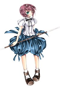 Rating: Safe Score: 0 Tags: 1girl auto_tagged full_body green_eyes heterochromia image ribbon shoes short_hair socks solo souseiseki standing weapon white_legwear User: admin