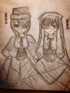 Rating: Safe Score: 0 Tags: 2girls costume_switch dress hat image long_hair long_sleeves looking_at_viewer monochrome multiple_girls standing suiseiseki very_long_hair User: admin