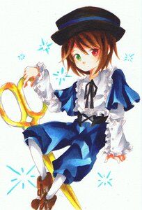 Rating: Safe Score: 0 Tags: 1girl brown_hair frills full_body green_eyes hat heterochromia image long_sleeves looking_at_viewer pantyhose red_eyes ribbon short_hair solo souseiseki top_hat traditional_media white_legwear User: admin