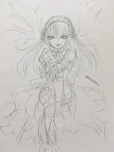 Rating: Safe Score: 0 Tags: 1girl akemi_homura bow dress elbow_gloves evil_smile flower gloves greyscale hairband image long_hair looking_at_viewer monochrome simple_background sketch smile solo suigintou traditional_media User: admin