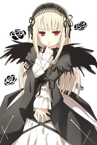 Rating: Safe Score: 0 Tags: 1girl bangs black_dress black_wings blonde_hair blush dress flower frills hairband image juliet_sleeves long_hair long_sleeves looking_at_viewer puffy_sleeves red_eyes ribbon rose simple_background solo spoken_squiggle squiggle suigintou white_background wings User: admin