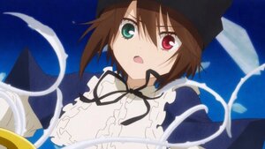 Rating: Safe Score: 0 Tags: 1girl black_headwear black_ribbon brown_hair collar dress frills green_eyes hat heterochromia image long_sleeves looking_at_viewer open_mouth red_eyes ribbon short_hair solo souseiseki upper_body User: admin
