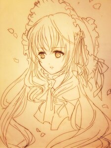 Rating: Safe Score: 0 Tags: 1girl bow confetti frills image lineart long_hair looking_at_viewer monochrome petals shinku solo traditional_media upper_body User: admin
