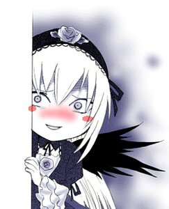 Rating: Safe Score: 0 Tags: 1girl black_wings blush dress flower frills gothic_lolita hairband image lolita_fashion long_sleeves looking_at_viewer nose_blush rose smile solo suigintou white_rose wings User: admin