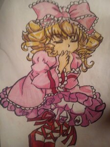 Rating: Safe Score: 0 Tags: 1girl blonde_hair bow closed_eyes covering_mouth dress drill_hair frills full_body hand_to_own_mouth hat hina_ichigo hinaichigo image long_sleeves pink_bow pink_dress pink_footwear ribbon solo traditional_media wide_sleeves User: admin