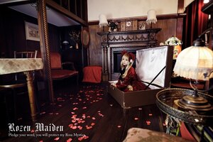 Rating: Safe Score: 0 Tags: 1girl blonde_hair dress english_text flower indoors long_hair petals red_dress shinku sitting solo User: admin
