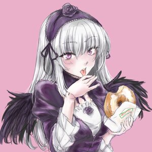 Rating: Safe Score: 3 Tags: 1girl :p blush doughnut flower food gothic_lolita hairband image juliet_sleeves krispy_kreme licking lolita_hairband long_hair long_sleeves looking_at_viewer osakana_(denpa_yun'yun) pale_skin pink_background puffy_sleeves purple_eyes rose rozen_maiden silver_hair simple_background sketch solo suigintou tongue tongue_out upper_body wings User: admin