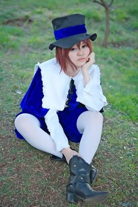 Rating: Safe Score: 0 Tags: 1girl bangs blue_eyes boots brown_hair bush chin_rest day fur_trim grass hat lips long_sleeves looking_at_viewer outdoors pantyhose realistic short_hair sitting solo souseiseki top_hat User: admin
