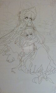 Rating: Safe Score: 0 Tags: 2girls dress frills hime_cut hug image long_hair long_sleeves monochrome multiple_girls pair shinku suigintou traditional_media very_long_hair wide_sleeves User: admin