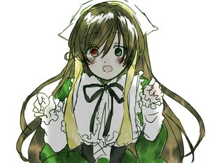 Rating: Safe Score: 0 Tags: 1girl bangs blush brown_hair dress eyebrows_visible_through_hair green_eyes heterochromia image long_hair long_sleeves looking_at_viewer open_mouth red_eyes ribbon simple_background solo suiseiseki very_long_hair white_background User: admin