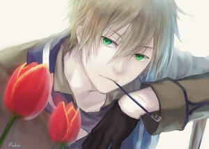 Rating: Safe Score: 0 Tags: 1boy apple black_gloves blonde_hair gloves green_eyes hair_between_eyes human looking_at_viewer sakurada_jun solo User: admin
