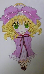 Rating: Safe Score: 0 Tags: 1girl :o blonde_hair blush bow dress drill_hair frills full_body green_eyes hair_bow hina_ichigo hinaichigo image long_sleeves looking_at_viewer pink_bow pink_dress simple_background solo standing traditional_media User: admin