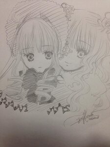 Rating: Safe Score: 0 Tags: 2girls blush crown drill_hair graphite_(medium) hair_ornament image kirakishou long_hair looking_at_viewer monochrome multiple_girls pair photo shinku signature sketch smile traditional_media User: admin