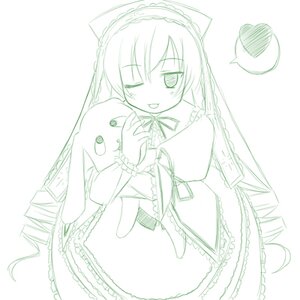 Rating: Safe Score: 0 Tags: 1girl animal_ears cat_ears dress green_theme hairband image lineart long_hair long_sleeves monochrome one_eye_closed open_mouth simple_background smile solo stuffed_animal stuffed_bunny suiseiseki User: admin