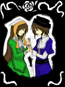 Rating: Safe Score: 0 Tags: 2girls blue_dress brown_hair closed_eyes dress flower green_dress head_scarf holding_hands image interlocked_fingers long_hair long_sleeves multiple_girls pair rose short_hair siblings sisters smile souseiseki suiseiseki twins User: admin
