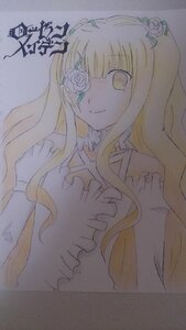 Rating: Safe Score: 0 Tags: 1girl bangs blonde_hair dress eyepatch flower frills hair_flower image kirakishou long_hair rose smile solo traditional_media upper_body User: admin