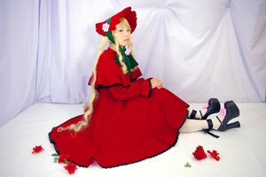 Rating: Safe Score: 0 Tags: 1girl blonde_hair blue_eyes bonnet curtains dress drill_hair flower high_heels long_hair long_sleeves red_dress red_flower red_rose rose shinku shoes sitting solo white_legwear User: admin
