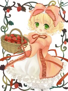 Rating: Safe Score: 0 Tags: 1girl apple basket blonde_hair bow cherry commentary_request curly_hair dress food frills fruit green_eyes hanabana_tsubomi highres hina_ichigo hinaichigo image object_namesake pink_bow ribbon rozen_maiden short_hair smile solo strawberry tail vines User: admin