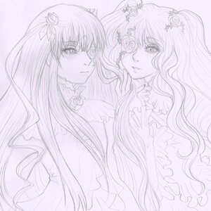 Rating: Safe Score: 0 Tags: 2girls barasuishou bow dress flower frills hair_flower hair_ornament image kirakishou long_hair monochrome multiple_girls pair rose traditional_media twintails yuri User: admin