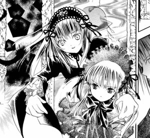 Rating: Safe Score: 0 Tags: 2girls dress frills greyscale image long_hair long_sleeves looking_at_viewer monochrome multiple_girls pair shinku smile suigintou wings User: admin
