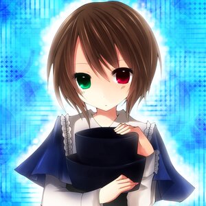 Rating: Safe Score: 0 Tags: 1girl blue_background blue_dress brown_hair capelet dress frills green_eyes hat hat_removed headwear_removed heterochromia holding holding_clothes holding_hat image long_sleeves looking_at_viewer plaid plaid_background red_eyes short_hair solo souseiseki upper_body User: admin