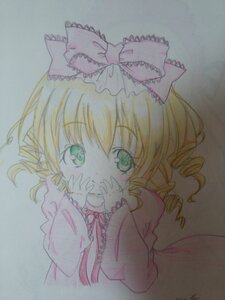 Rating: Safe Score: 0 Tags: 1girl artist_name blonde_hair blush bow colored_pencil_(medium) dress drill_hair eyebrows_visible_through_hair graphite_(medium) green_eyes hands_on_own_face hina_ichigo hinaichigo image long_sleeves looking_at_viewer marker_(medium) photo pink_bow signature solo traditional_media upper_body watercolor_(medium) User: admin