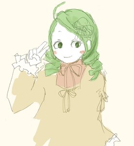 Rating: Safe Score: 0 Tags: 1girl blush closed_mouth dress green_eyes green_hair image kanaria long_hair long_sleeves looking_at_viewer neck_ribbon ribbon simple_background smile solo striped upper_body v User: admin