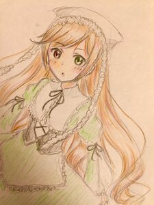 Rating: Safe Score: 0 Tags: 1girl :o black_ribbon blonde_hair brown_hair colored_pencil_(medium) dress frills green_dress green_eyes hat heterochromia image lolita_fashion long_hair long_sleeves looking_at_viewer ribbon simple_background solo suiseiseki traditional_media very_long_hair watercolor_(medium) User: admin