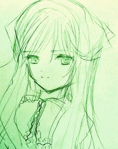 Rating: Safe Score: 0 Tags: 1girl bangs bow closed_mouth eyebrows_visible_through_hair green_theme image long_hair long_sleeves looking_at_viewer monochrome solo suiseiseki upper_body User: admin