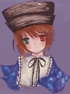 Rating: Safe Score: 0 Tags: 1girl bangs capelet closed_mouth eyebrows_visible_through_hair green_eyes hariruri hat heterochromia image long_sleeves looking_at_viewer red_eyes ribbon short_hair simple_background solo souseiseki upper_body User: admin