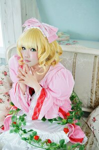 Rating: Safe Score: 0 Tags: 1girl apple blonde_hair bow dress flower food food_print fruit green_eyes hair_bow hina_ichigo hinaichigo pink_bow short_hair sitting solo strawberry strawberry_print traditional_media User: admin