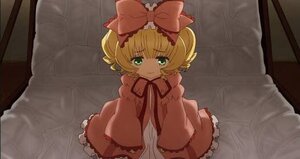 Rating: Safe Score: 0 Tags: 1girl blonde_hair bow dress frilled_sleeves frills green_eyes hair_bow hina_ichigo hinaichigo image long_sleeves looking_at_viewer pillow short_hair sitting smile solo User: admin