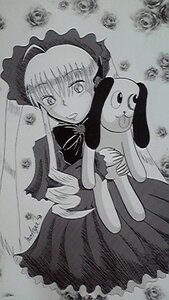 Rating: Safe Score: 0 Tags: 1girl bonnet dress frills greyscale image long_hair looking_at_viewer monochrome shinku solo stuffed_animal stuffed_bunny traditional_media User: admin