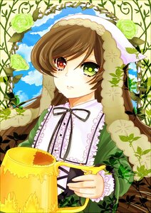 Rating: Safe Score: 0 Tags: 1girl black_ribbon brown_hair cloud dress flower frills green_dress green_eyes head_scarf heterochromia image long_hair long_sleeves plant red_eyes ribbon rose sky solo suiseiseki vines watering_can User: admin