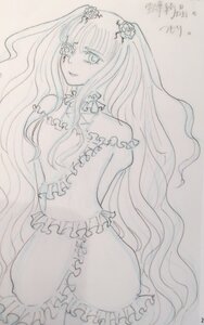 Rating: Safe Score: 0 Tags: 1girl bow choker dress elbow_gloves flower frills hair_ornament image kirakishou long_hair monochrome smile solo traditional_media very_long_hair User: admin