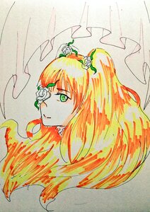Rating: Safe Score: 0 Tags: 1girl curtains flower green_eyes hair_flower hair_ornament image kirakishou long_hair orange_hair profile smile solo traditional_media veil User: admin