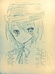 Rating: Safe Score: 0 Tags: 1girl :t bangs blush closed_mouth eyebrows_visible_through_hair frills hair_between_eyes image looking_at_viewer monochrome short_hair solo souseiseki traditional_media upper_body User: admin