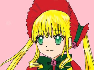 Rating: Safe Score: 0 Tags: 1girl bangs blonde_hair bonnet bow bowtie flower green_eyes image long_hair long_sleeves looking_at_viewer pink_background pink_flower pink_rose portrait rose shinku sidelocks simple_background smile solo upper_body User: admin