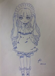 Rating: Safe Score: 0 Tags: 1girl bangs bow bowtie dress drill_hair eyebrows_visible_through_hair frills full_body image long_hair looking_at_viewer maid_headdress monochrome photo shinku signature solo standing traditional_media twin_drills User: admin