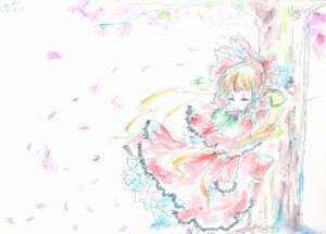 Rating: Safe Score: 0 Tags: 1girl bird brown_hair closed_eyes dress feathers flower frills long_sleeves petals solo striped vertical_stripes watercolor_(medium) User: admin