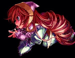 Rating: Safe Score: 0 Tags: 1girl dress green_eyes image long_hair long_sleeves open_mouth red_hair solo suiseiseki tongue tongue_out very_long_hair User: admin