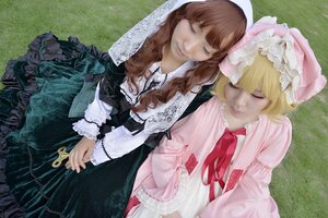 Rating: Safe Score: 0 Tags: 2girls bangs blonde_hair brown_hair closed_eyes dress hat long_hair long_sleeves mob_cap multiple_cosplay multiple_girls tagme User: admin