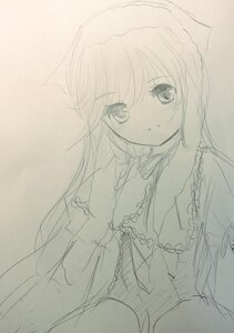Rating: Safe Score: 0 Tags: 1girl bangs blush dress eyebrows_visible_through_hair image long_hair long_sleeves looking_at_viewer monochrome simple_background sketch solo suiseiseki traditional_media User: admin