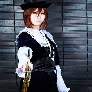 Rating: Safe Score: 0 Tags: 1girl black_headwear blue_eyes brown_hair dress gun handgun hat holding_gun holding_weapon long_sleeves pistol short_hair solo souseiseki weapon User: admin