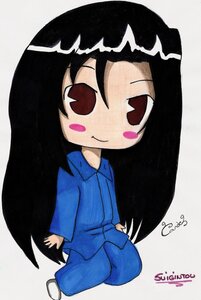 Rating: Safe Score: 0 Tags: 1girl artist_name black_hair blue_shirt blush_stickers chibi dated full_body human image kakizaki_megu long_hair pants signature smile solo very_long_hair User: admin