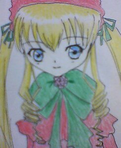 Rating: Safe Score: 0 Tags: 1girl blonde_hair blue_eyes bonnet bowtie dress drill_hair hat image long_hair long_sleeves looking_at_viewer photo shinku solo traditional_media User: admin