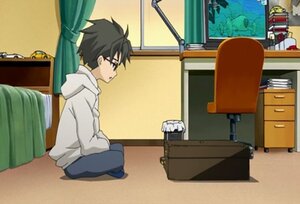 Rating: Safe Score: 0 Tags: 1boy bed black_hair curtains glasses hood hoodie human indian_style indoors sakurada_jun screenshot sitting solo window User: admin