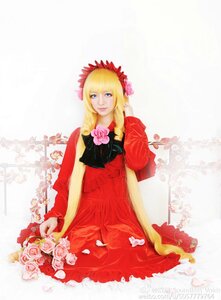 Rating: Safe Score: 0 Tags: 1girl blonde_hair blue_eyes bouquet dress flower long_hair pink_flower pink_rose red_dress red_flower red_rose rose shinku solo white_rose User: admin